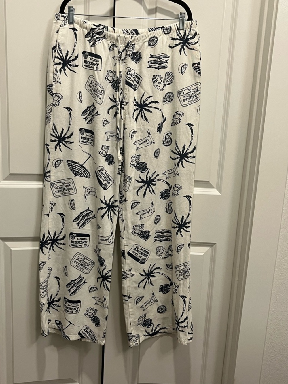 Tropical Print Linen Blend Wide Leg Pants Size XL Beach Vacation Travel Nautical